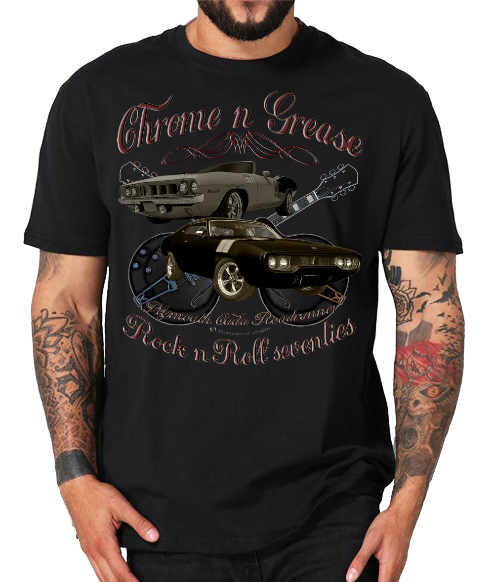 Chrome N Grease 70s Plymouth Barracuda Roadrunner Rock n Roll Shirt
