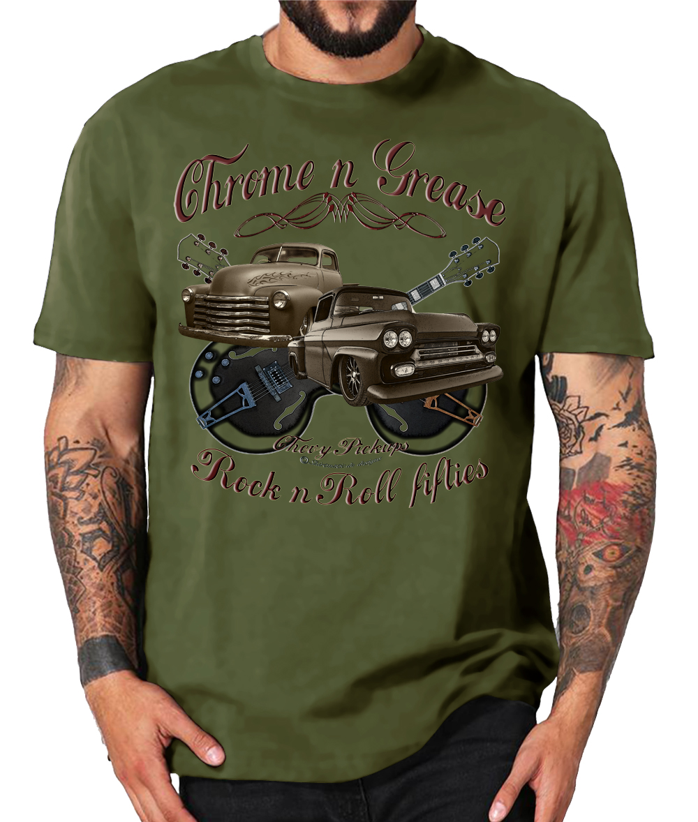 Chrome N Grease 50s Chevy Pickups Rock n Roll Rockabilly Guitars Shirt – Bild 2