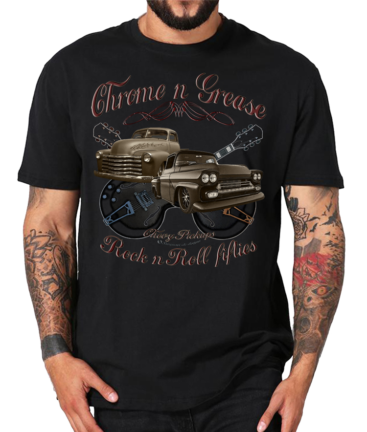 Chrome N Grease 50s Chevy Pickups Rock n Roll Rockabilly Guitars Shirt – Bild 3