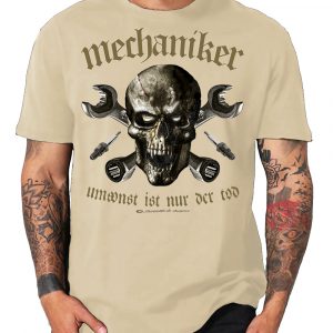 Mechaniker Umsonst ist nur der Tod Skull Vintage Auto T-Shirt sand u. weiss