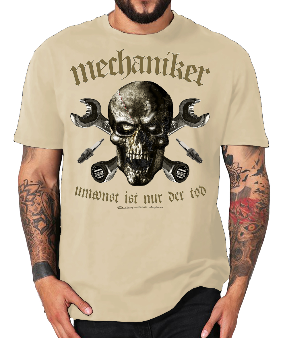 Mechaniker Umsonst ist nur der Tod Skull Vintage Auto T-Shirt sand u. weiss