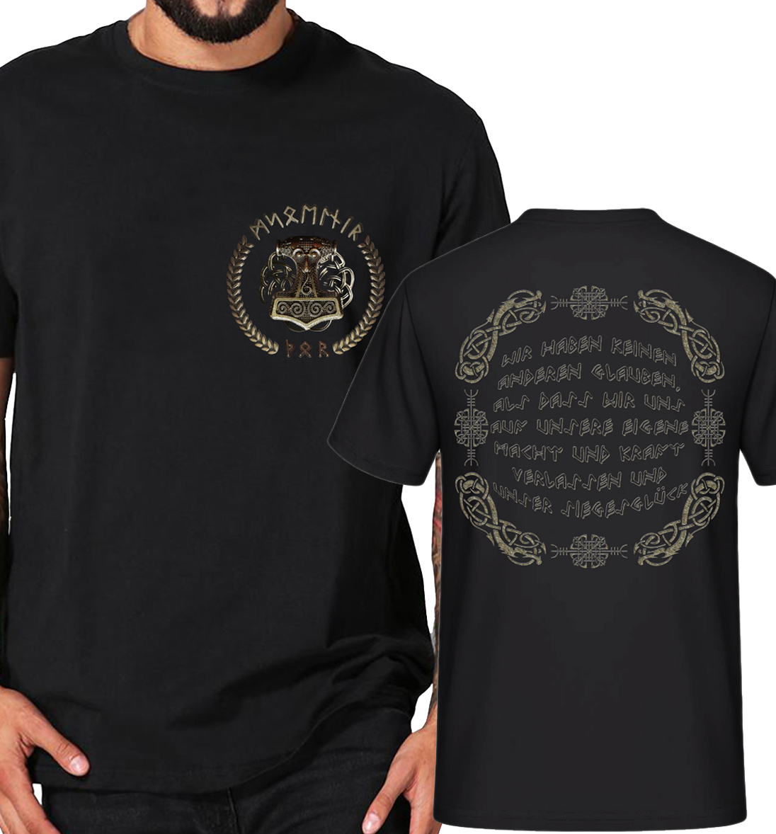 Shirtmatic Thors Hammer Shirt Wikinger Glaube Brust Rückendruck